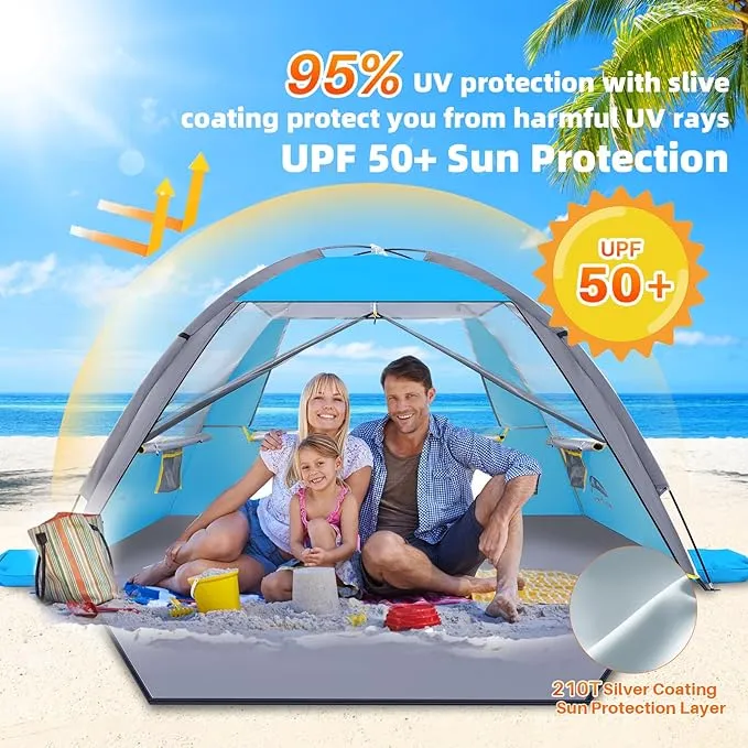 Happy Travel Beach Tent, UPF 50  UV Protection Sun Shade Shelter for 3/4/5/6/7/8 Person, Portable Beach Canopy for Family & Baby, Lightweight & Easy Setup Beach Cabana with 3 Ventilation Mesh Windows