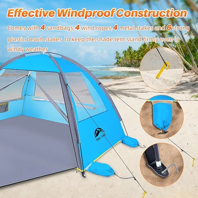 Happy Travel Beach Tent, UPF 50  UV Protection Sun Shade Shelter for 3/4/5/6/7/8 Person, Portable Beach Canopy for Family & Baby, Lightweight & Easy Setup Beach Cabana with 3 Ventilation Mesh Windows