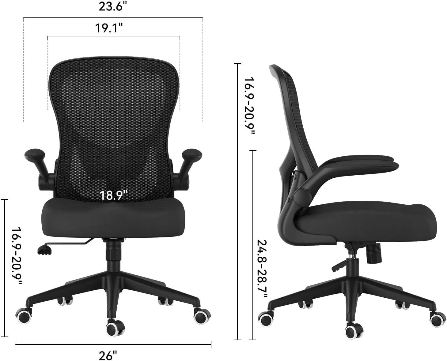 Hbada Office Chair Ergonomic Desk Chair, Office Chairs with PU Silent Wheels, Breathable Mesh Computer Chair with Adjustable Lumbar Support, Flip-up Armrests, Tilt Function, Black