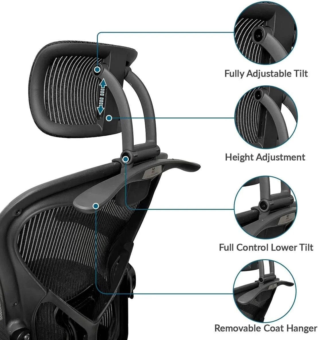 Headrest Attachment Compatible with Herman Miller Aeron Fully Adjustable Height & Tilt, Removable Coat Hanger Available Color for Classic.