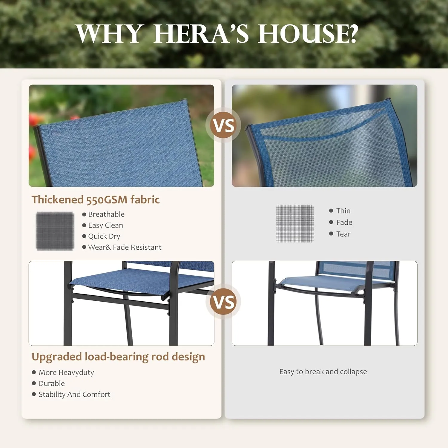 HERA'S HOUSE 5 Pieces Patio Dining Set, Outdoor Table and Chairs Set for 4, 4 x Blue Textilene Dining Chair, 37" Square Metal Dining Table, for Lawn Garden Backyard Deck