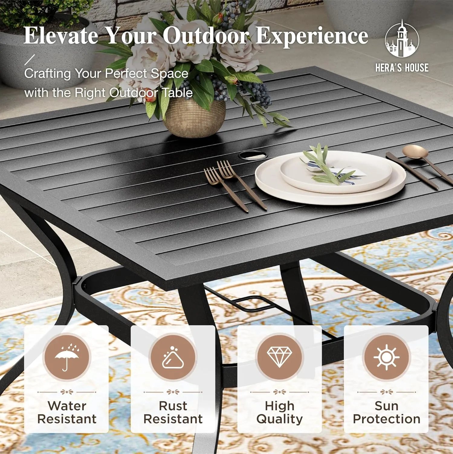 HERA'S HOUSE 5 Pieces Patio Dining Set, Outdoor Table and Chairs Set for 4, 4 x Blue Textilene Dining Chair, 37" Square Metal Dining Table, for Lawn Garden Backyard Deck