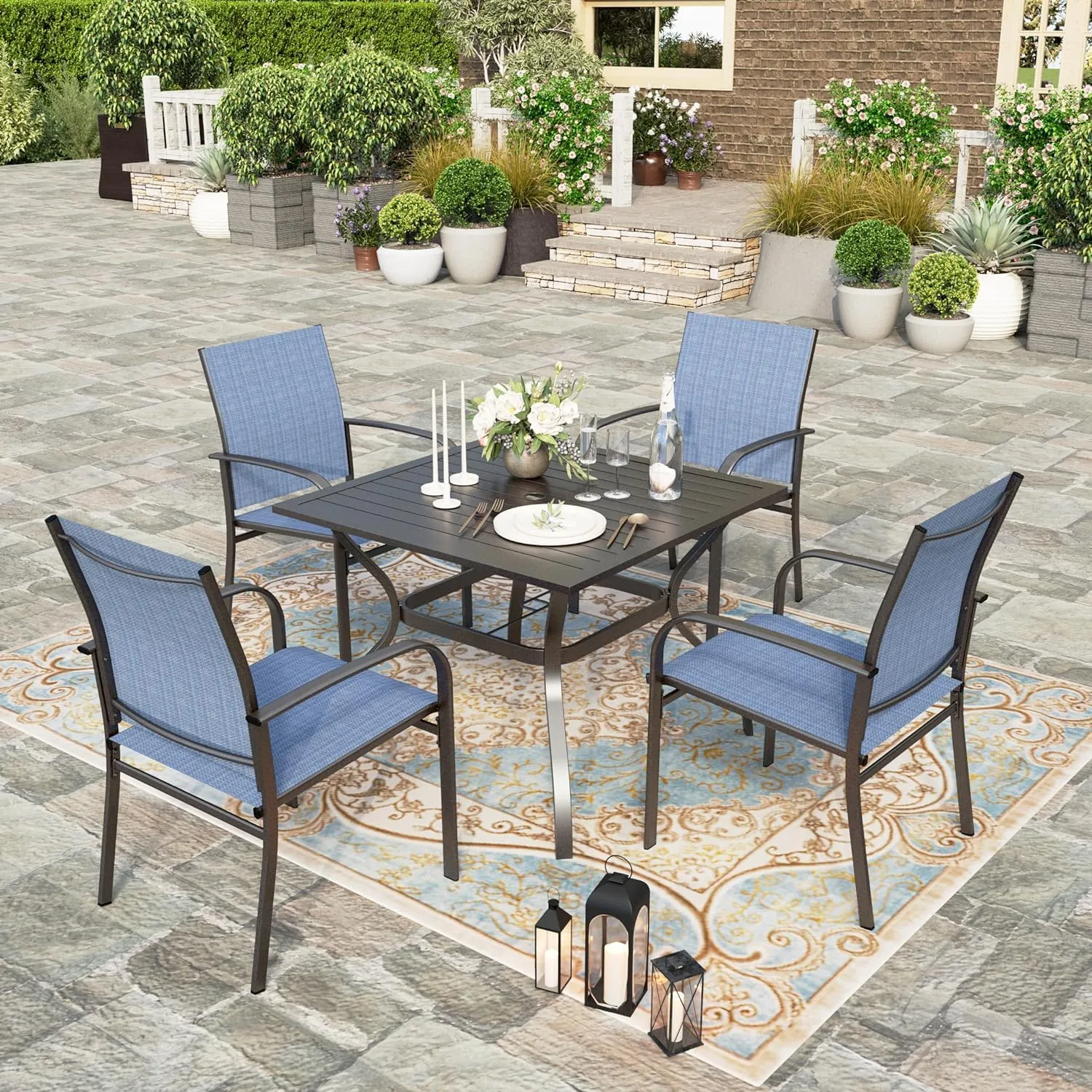HERA'S HOUSE Patio Dining Chairs Set of 4, 36" Textilene Fabric Outdoor Chair with Wrought Iron Metal Frame Support 350lbs for Garden Lawn Backyard Kitchen Deck, Blue