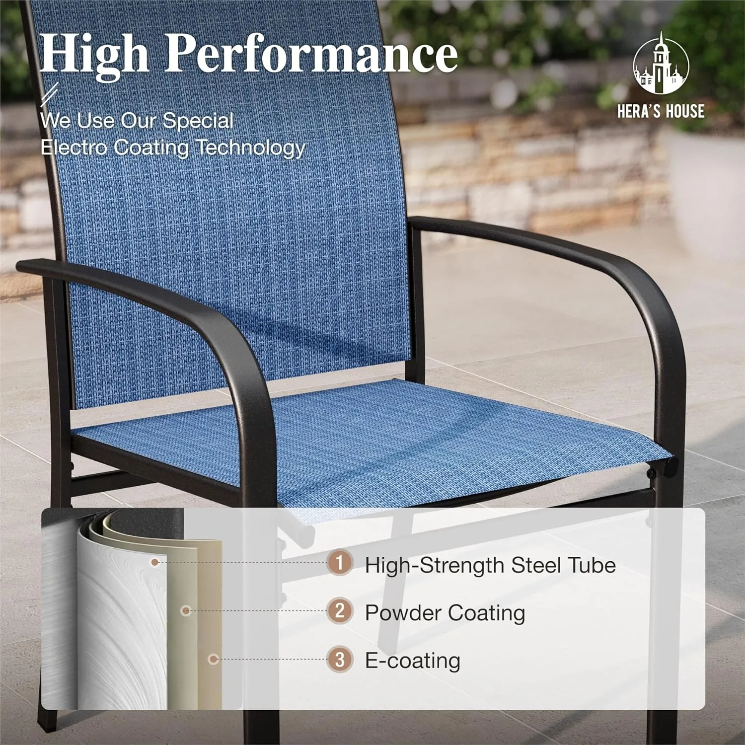 HERA'S HOUSE Patio Dining Chairs Set of 4, 36" Textilene Fabric Outdoor Chair with Wrought Iron Metal Frame Support 350lbs for Garden Lawn Backyard Kitchen Deck, Blue