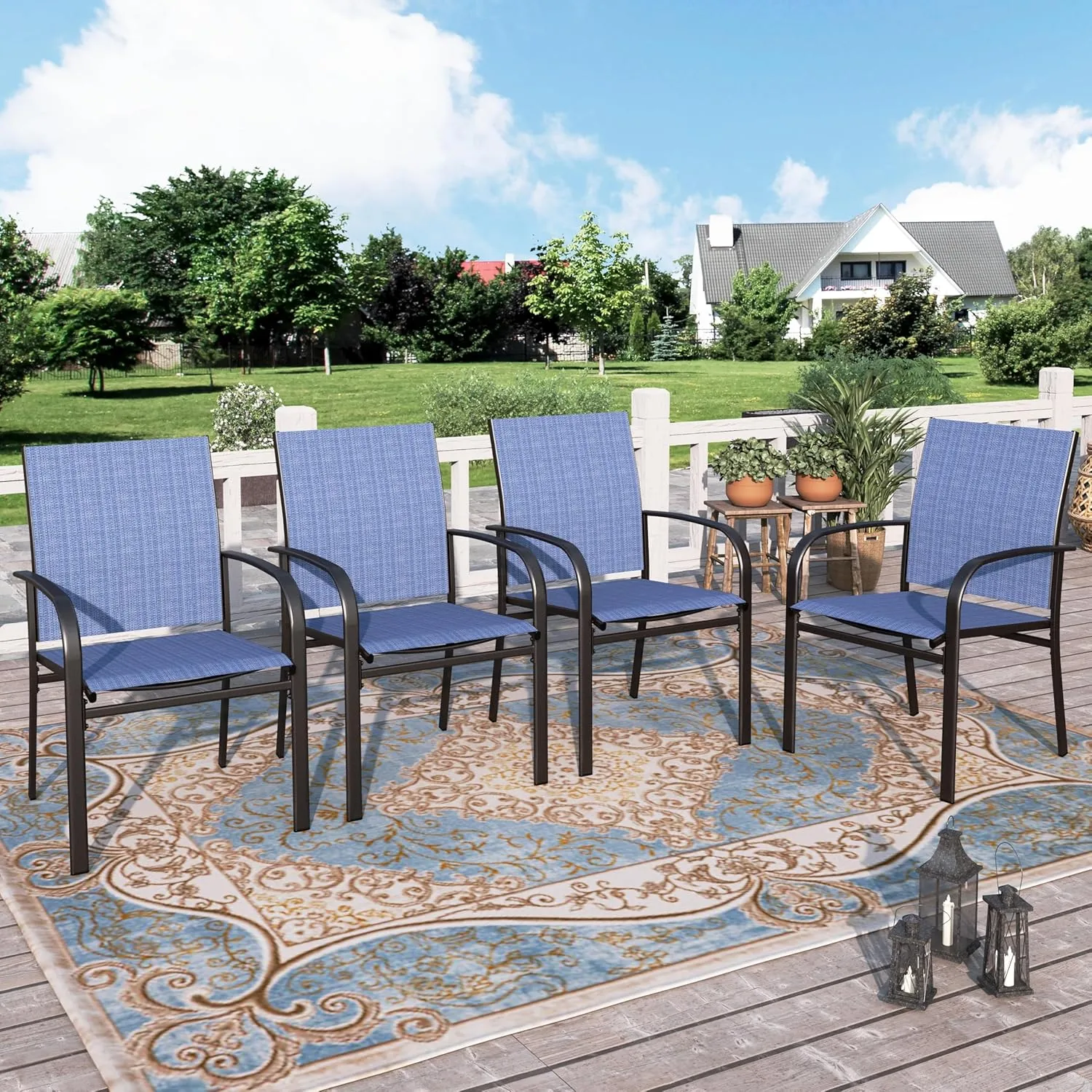 HERA'S HOUSE Patio Dining Chairs Set of 4, 36" Textilene Fabric Outdoor Chair with Wrought Iron Metal Frame Support 350lbs for Garden Lawn Backyard Kitchen Deck, Blue