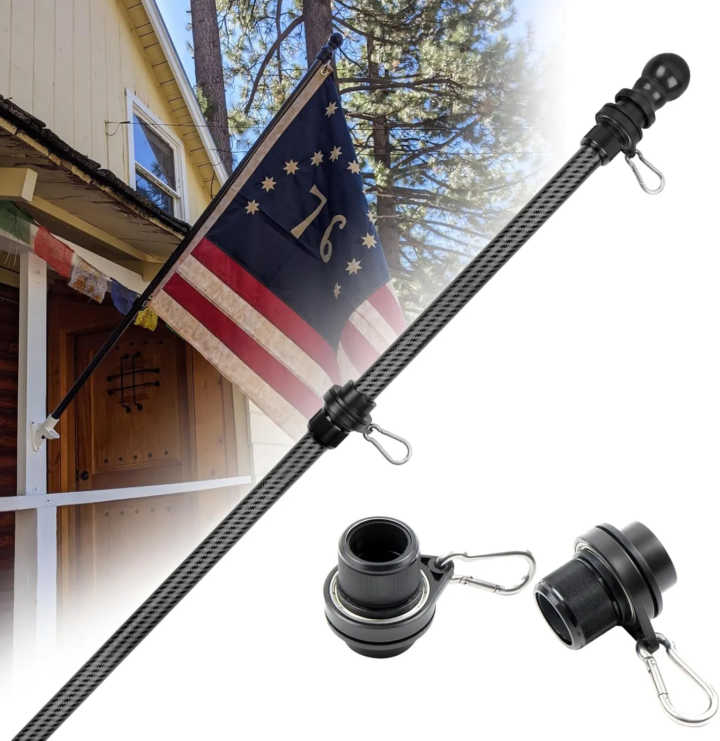 HIBLE Carbon Fiber Flag Pole with Upgraded Metal Screw, 5 Foot Flag Pole for House and Porch Non Wrapping Flag Pole with Smooth Bearings Spinners (Flag Pole Only, 4 Sections)