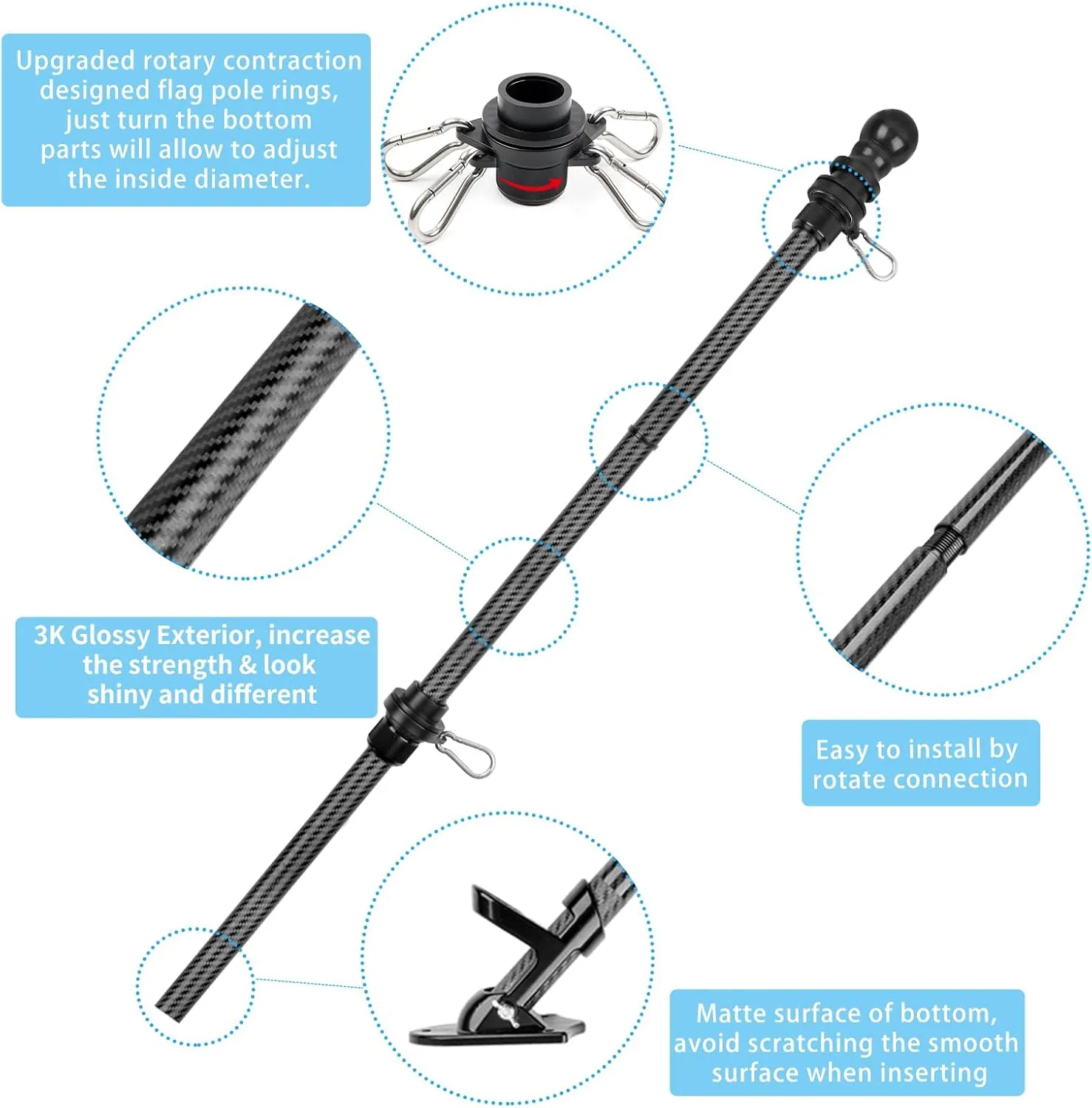 HIBLE Carbon Fiber Flag Pole with Upgraded Metal Screw, 5 Foot Flag Pole for House and Porch Non Wrapping Flag Pole with Smooth Bearings Spinners (Flag Pole Only, 4 Sections)