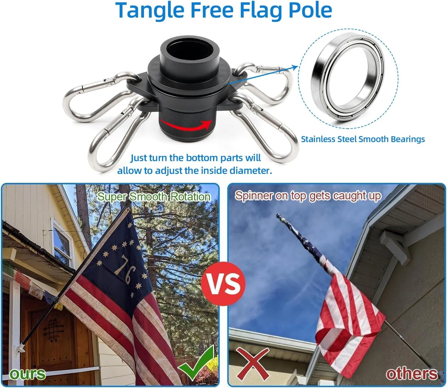 HIBLE Carbon Fiber Flag Pole with Upgraded Metal Screw, 5 Foot Flag Pole for House and Porch Non Wrapping Flag Pole with Smooth Bearings Spinners (Flag Pole Only, 4 Sections)
