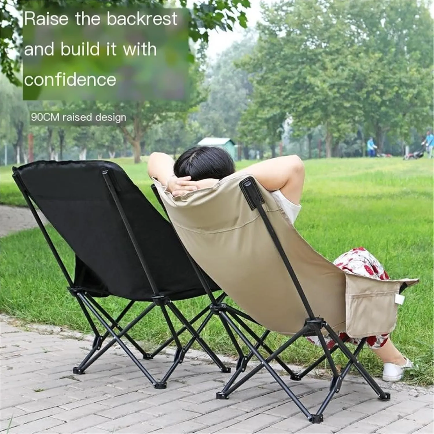 High Back Chair Outdoor Folding Chair Camping Chair Beach Chair Khaki Black(Black)