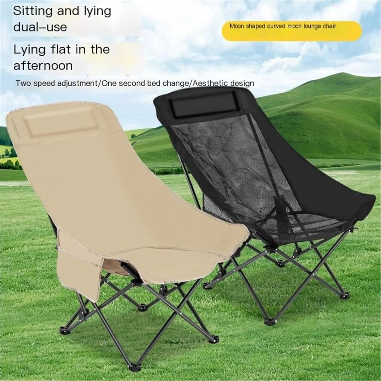 High Back Chair Outdoor Folding Chair Camping Chair Beach Chair Khaki Black(Black)