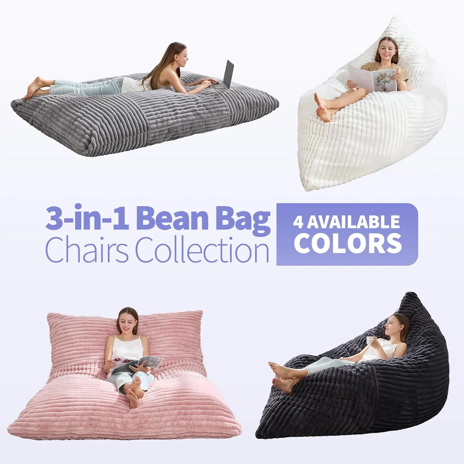 Hobestluk 3 in 1 Bean Bag Chair Giant Bean Bag Chairs Convertible Bean Bag Floor Cushion with Machine Washable Cover, Beanbag Chairs for Adult (Grey)