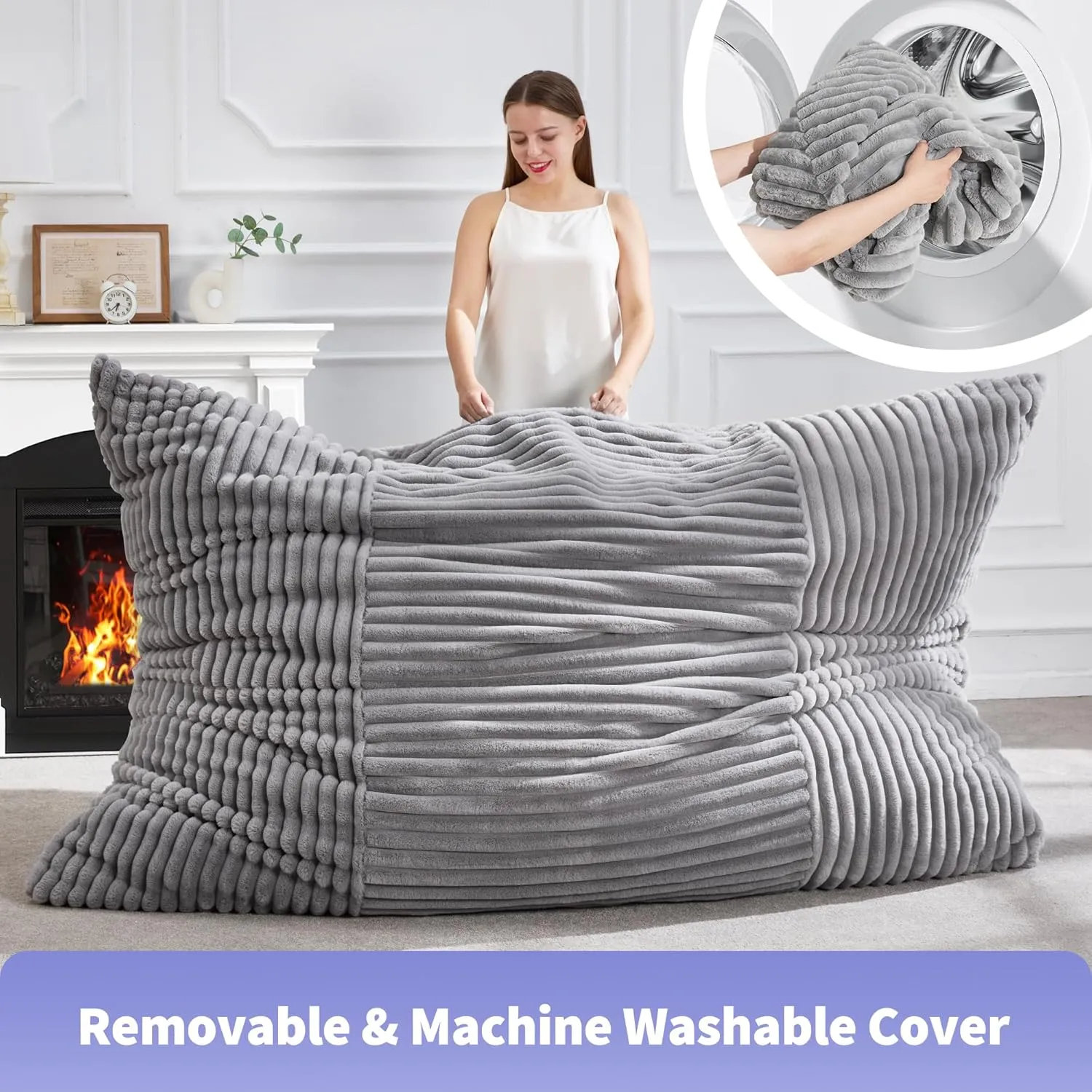 Hobestluk 3 in 1 Bean Bag Chair Giant Bean Bag Chairs Convertible Bean Bag Floor Cushion with Machine Washable Cover, Beanbag Chairs for Adult (Grey)