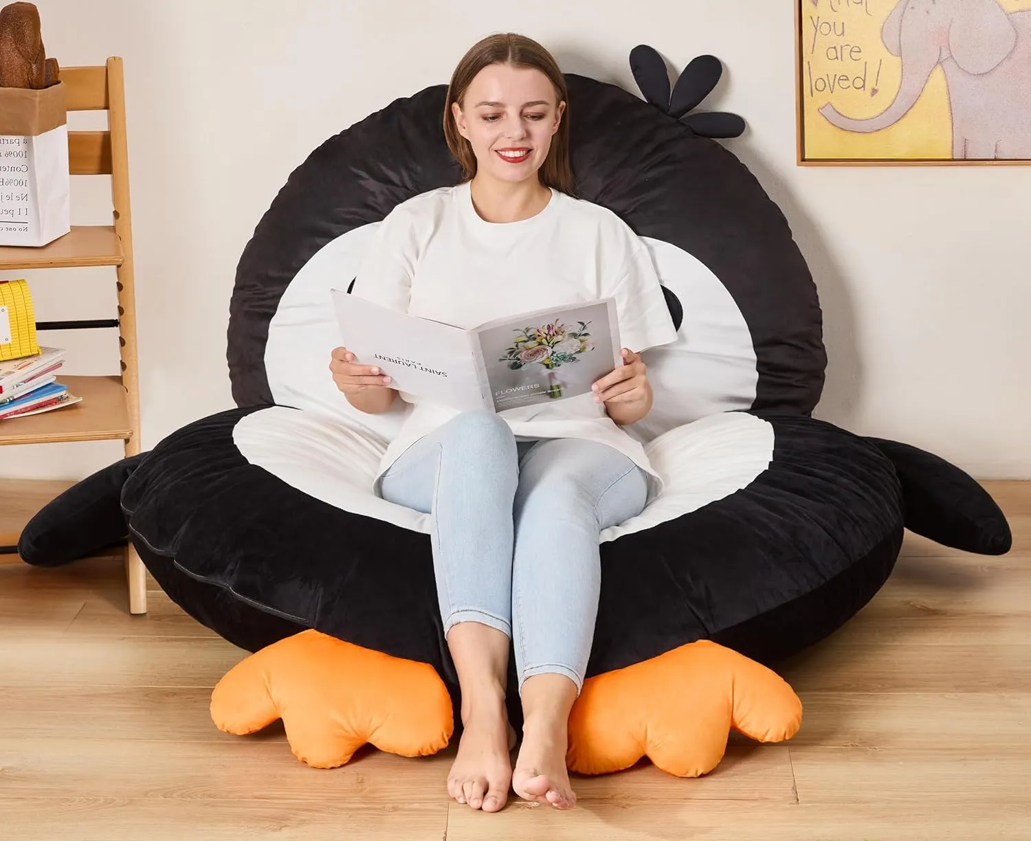 Hobestluk Bean Bag Chairs Bean Bag Floor Cushion Sleeping Mat Bean Bag Chair Adults Beanbag Lounger with Cute Penguin Design for Living Room Bedroom or Playroom (Large,Black)