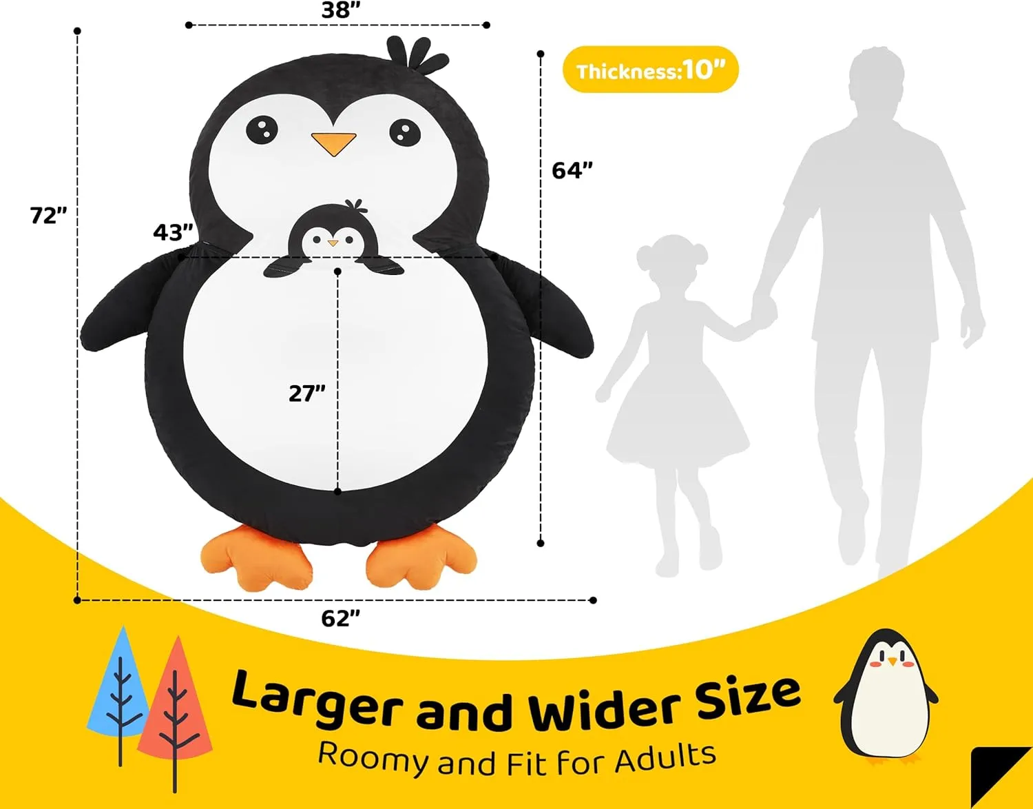 Hobestluk Bean Bag Chairs Bean Bag Floor Cushion Sleeping Mat Bean Bag Chair Adults Beanbag Lounger with Cute Penguin Design for Living Room Bedroom or Playroom (Large,Black)