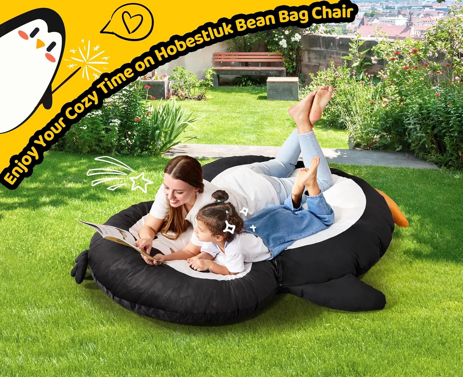 Hobestluk Bean Bag Chairs Bean Bag Floor Cushion Sleeping Mat Bean Bag Chair Adults Beanbag Lounger with Cute Penguin Design for Living Room Bedroom or Playroom (Large,Black)