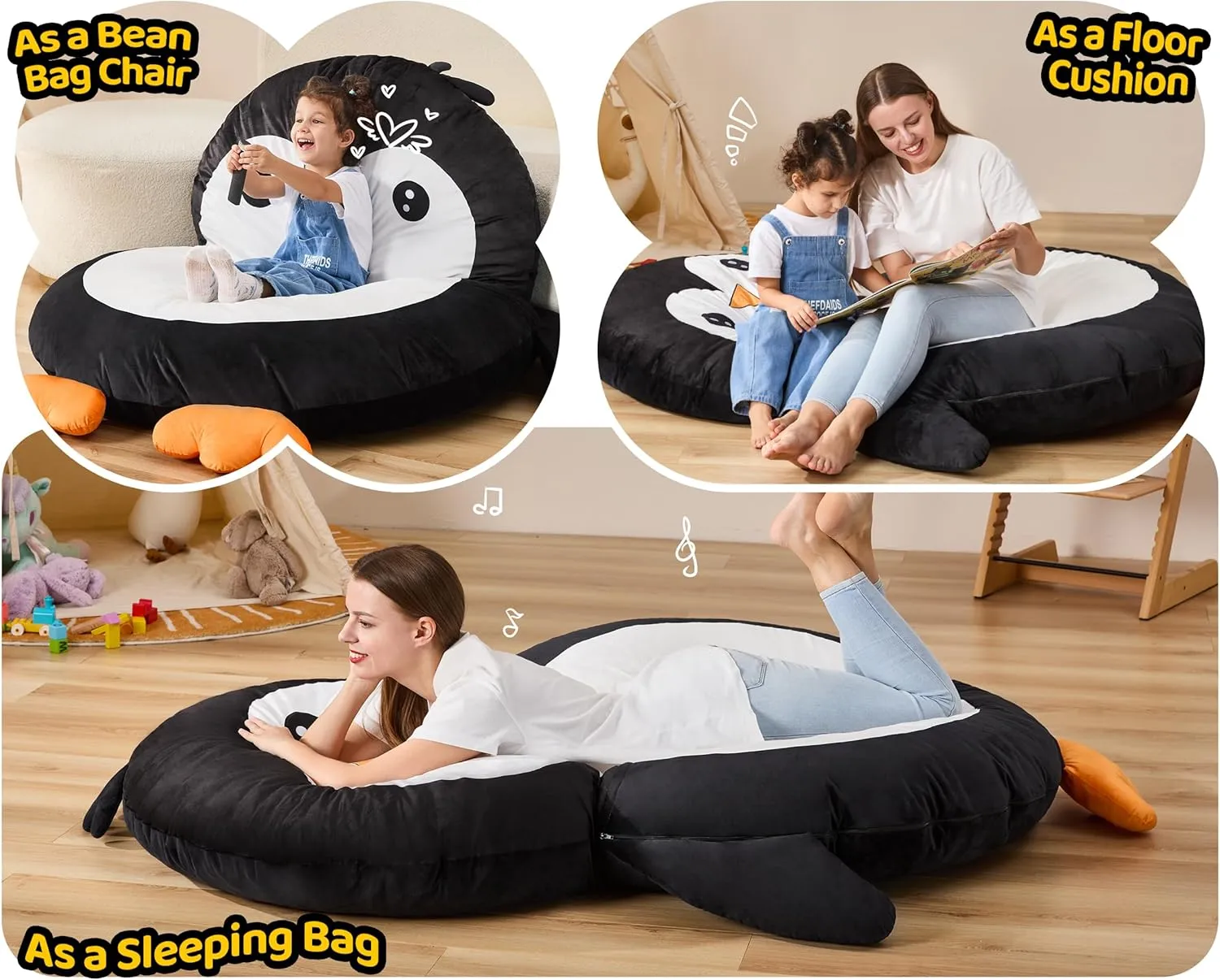 Hobestluk Bean Bag Chairs Bean Bag Floor Cushion Sleeping Mat Bean Bag Chair Adults Beanbag Lounger with Cute Penguin Design for Living Room Bedroom or Playroom (Large,Black)