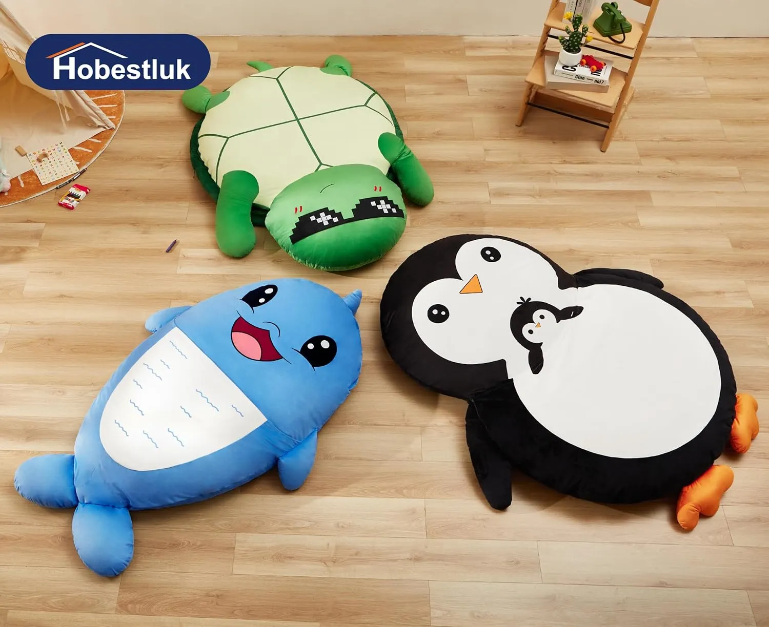 Hobestluk Bean Bag Chairs Bean Bag Floor Cushion Sleeping Mat Bean Bag Chair Adults Beanbag Lounger with Cute Penguin Design for Living Room Bedroom or Playroom (Large,Black)