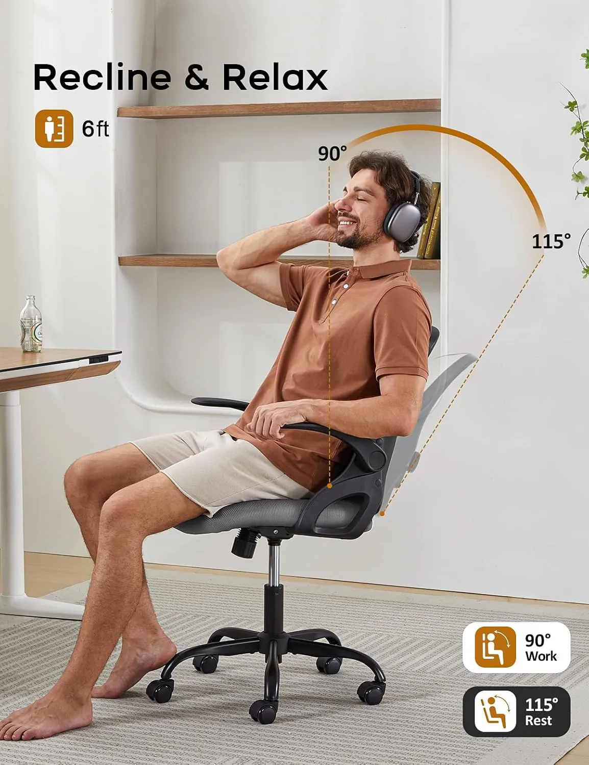 Home Office Chair, Ergonomic Mesh Desk Chair with Adjustable Lumbar Support, Flip-up Arm Rocking Swivel, Mid-Back Comfy Computer Chair (Black-Gray)