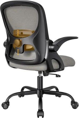 Home Office Chair, Ergonomic Mesh Desk Chair with Adjustable Lumbar Support, Flip-up Arm Rocking Swivel, Mid-Back Comfy Computer Chair (Black-Gray)