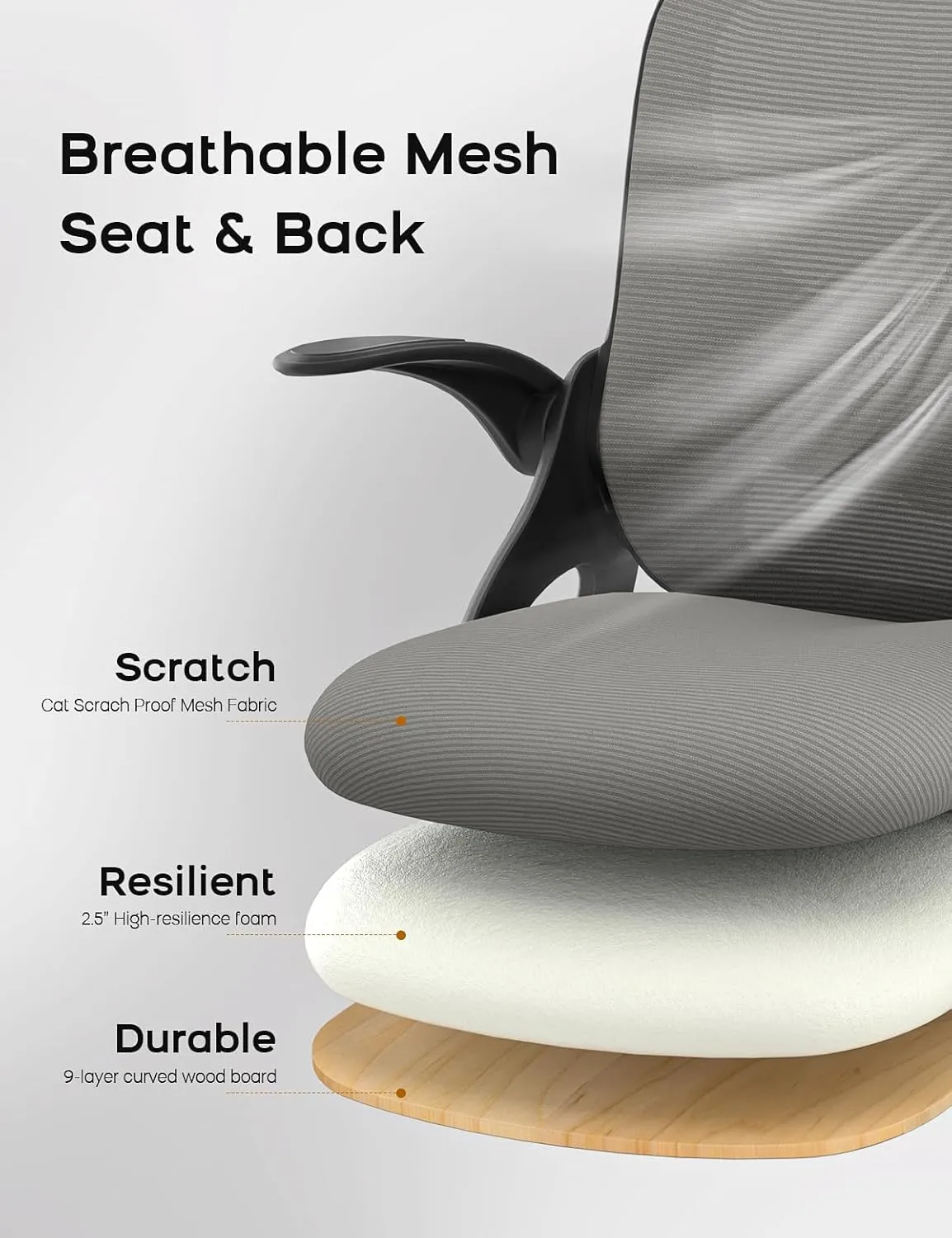 Home Office Chair, Ergonomic Mesh Desk Chair with Adjustable Lumbar Support, Flip-up Arm Rocking Swivel, Mid-Back Comfy Computer Chair (Black-Gray)
