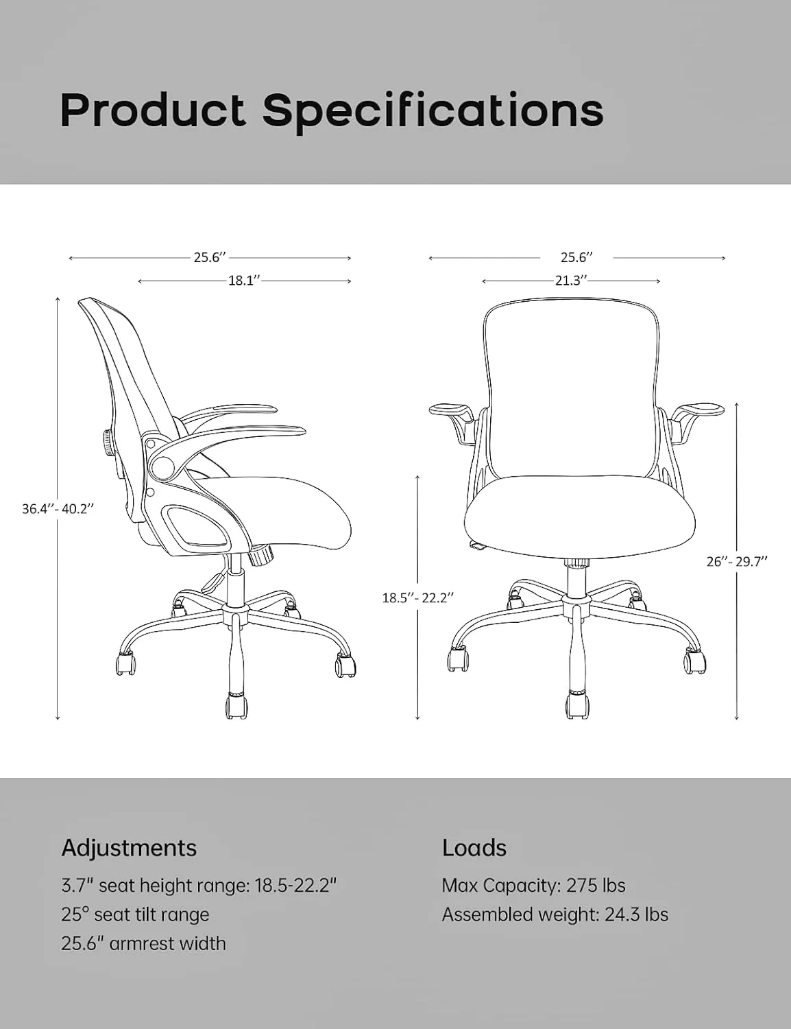 Home Office Chair, Ergonomic Mesh Desk Chair with Adjustable Lumbar Support, Flip-up Arm Rocking Swivel, Mid-Back Comfy Computer Chair (Black-Gray)