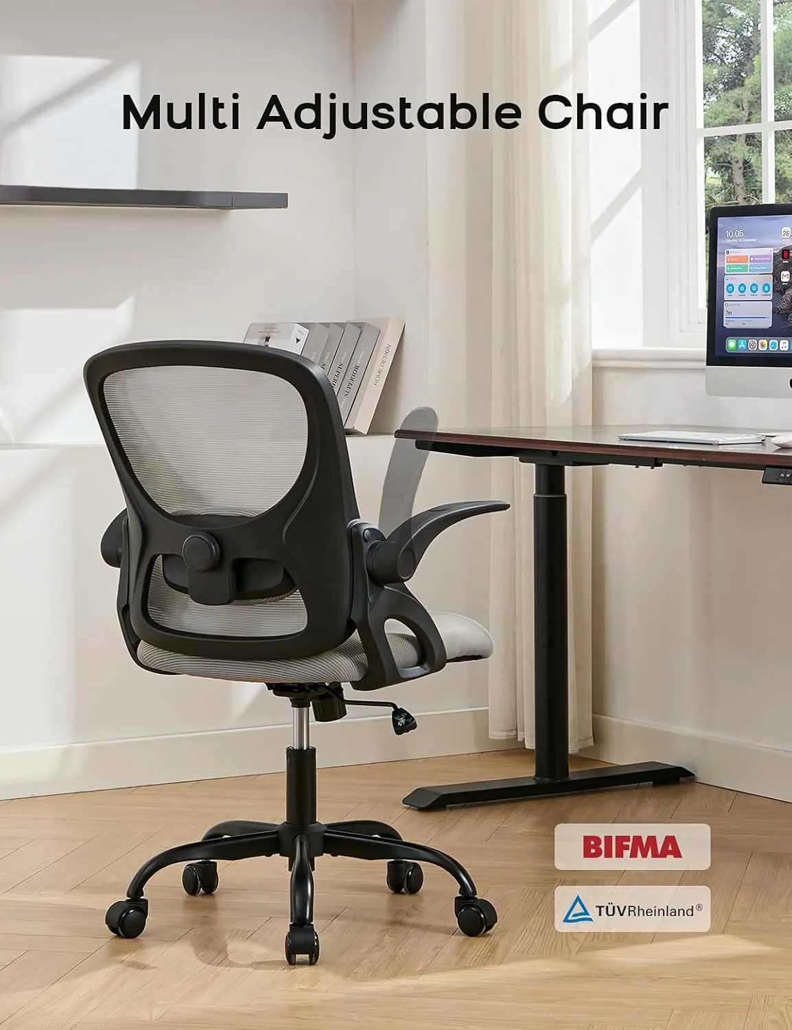 Home Office Chair, Ergonomic Mesh Desk Chair with Adjustable Lumbar Support, Flip-up Arm Rocking Swivel, Mid-Back Comfy Computer Chair (Black-Gray)