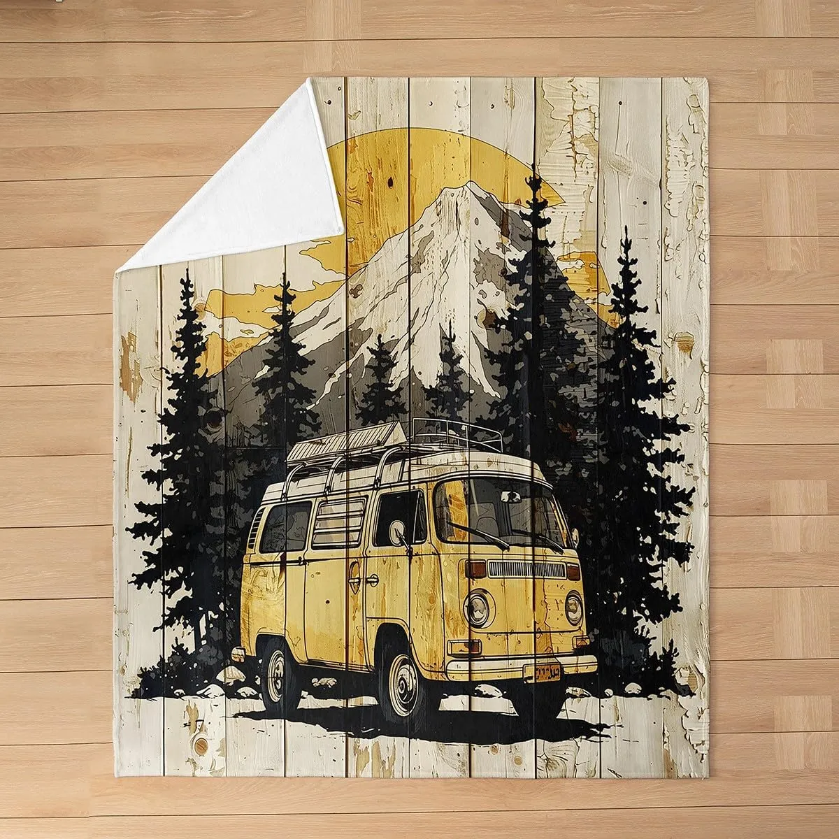 Homewish Camping Adventure Throw Blanket Retro Wooden Stripes Cartoon RV Trailer Flannel Blanket for Kids Teens Adults Jungle Trees Watercolor Natural Mountain Fleece Blanket for Couch 40x50