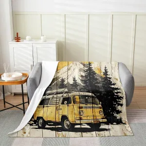 Homewish Camping Adventure Throw Blanket Retro Wooden Stripes Cartoon RV Trailer Flannel Blanket for Kids Teens Adults Jungle Trees Watercolor Natural Mountain Fleece Blanket for Couch 40x50