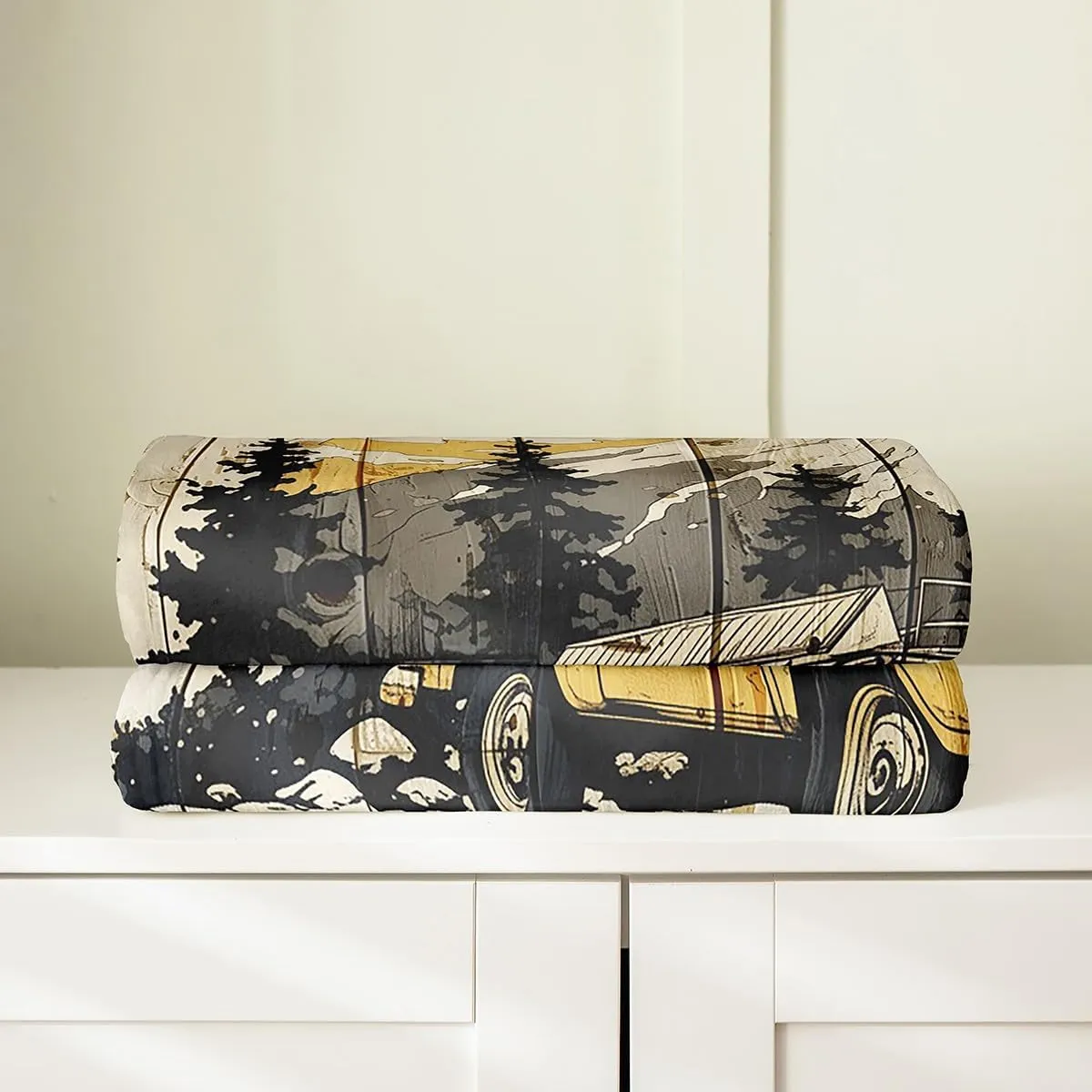 Homewish Camping Adventure Throw Blanket Retro Wooden Stripes Cartoon RV Trailer Flannel Blanket for Kids Teens Adults Jungle Trees Watercolor Natural Mountain Fleece Blanket for Couch 40x50