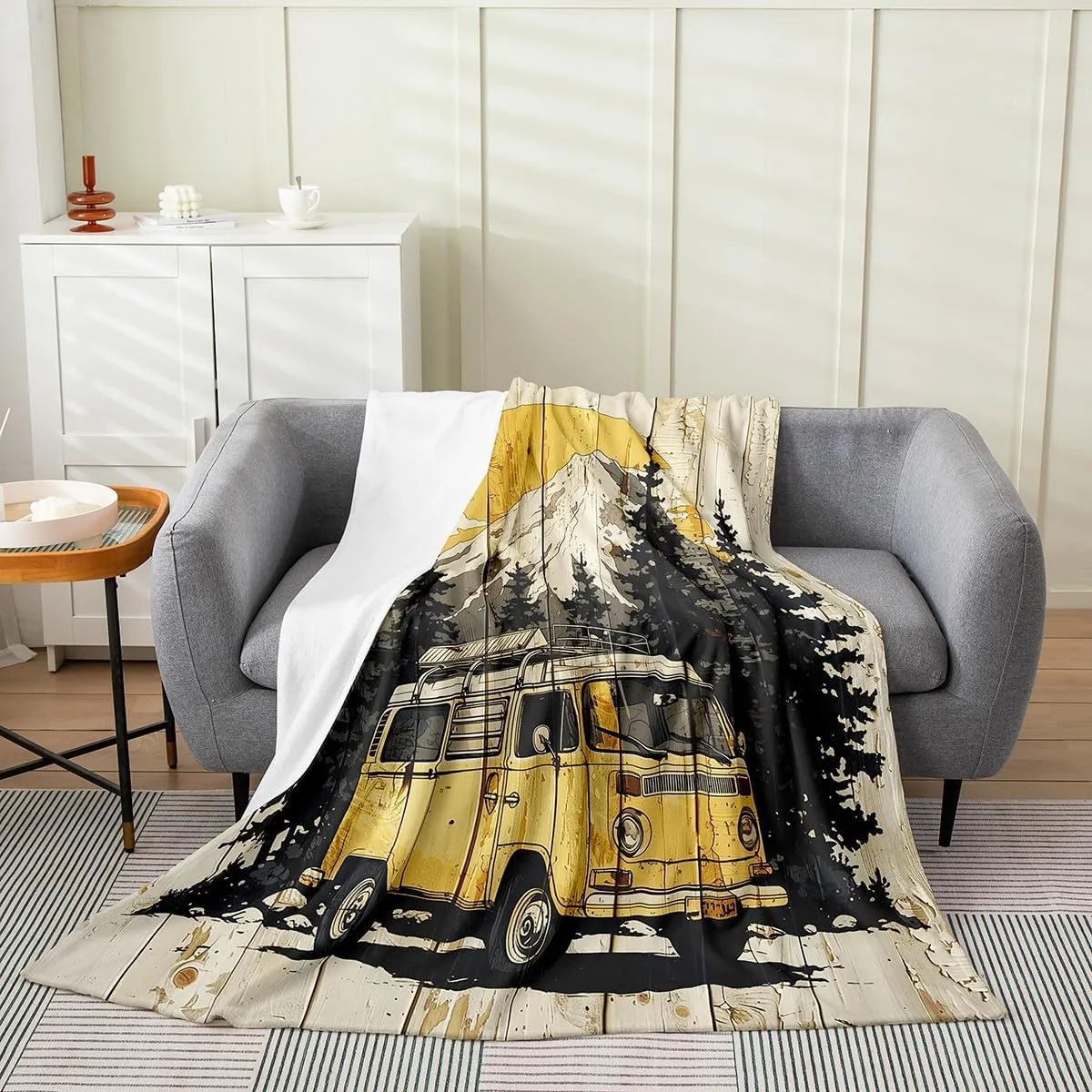 Homewish Camping Adventure Throw Blanket Retro Wooden Stripes Cartoon RV Trailer Flannel Blanket for Kids Teens Adults Jungle Trees Watercolor Natural Mountain Fleece Blanket for Couch 40x50