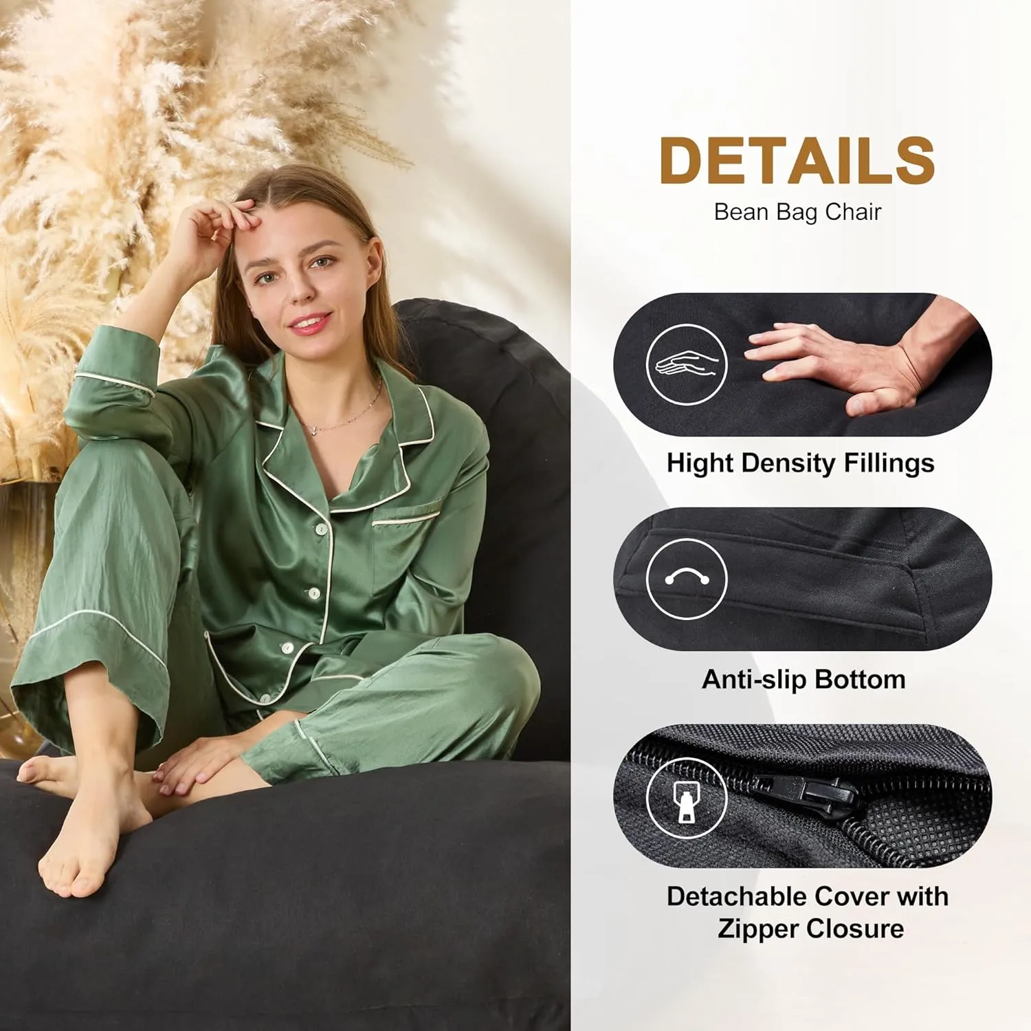 Homguava Bean Bag Chair Sofa Memory Foam Pre-Filled Bean Bag Chairs Stuffed Beanbag Sofa Lazy Bean Bag for Adults, Bean Bag Couch for Gaming, Reading & Relaxing(Linen, Black)