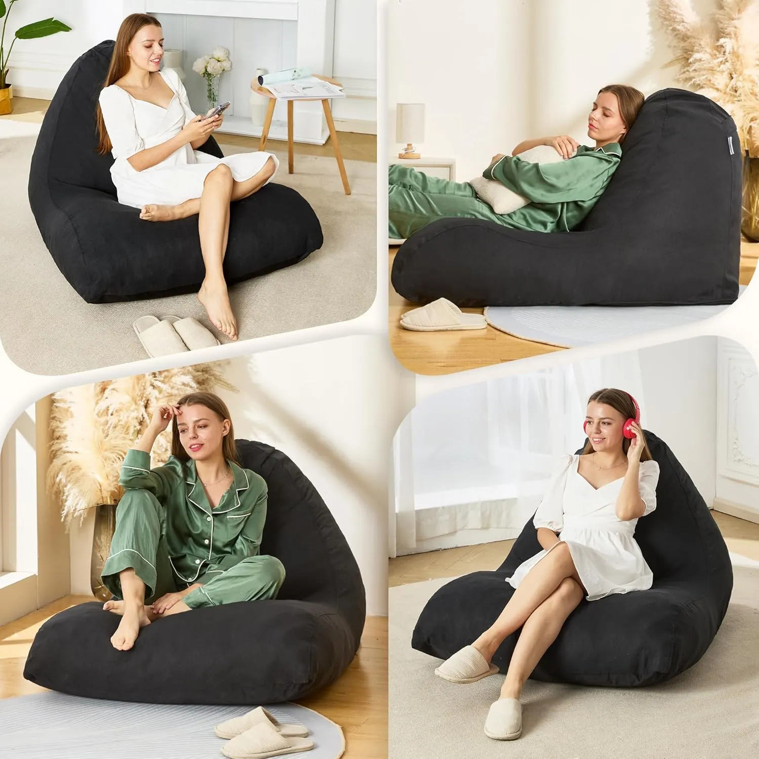Homguava Bean Bag Chair Sofa Memory Foam Pre-Filled Bean Bag Chairs Stuffed Beanbag Sofa Lazy Bean Bag for Adults, Bean Bag Couch for Gaming, Reading & Relaxing(Linen, Black)