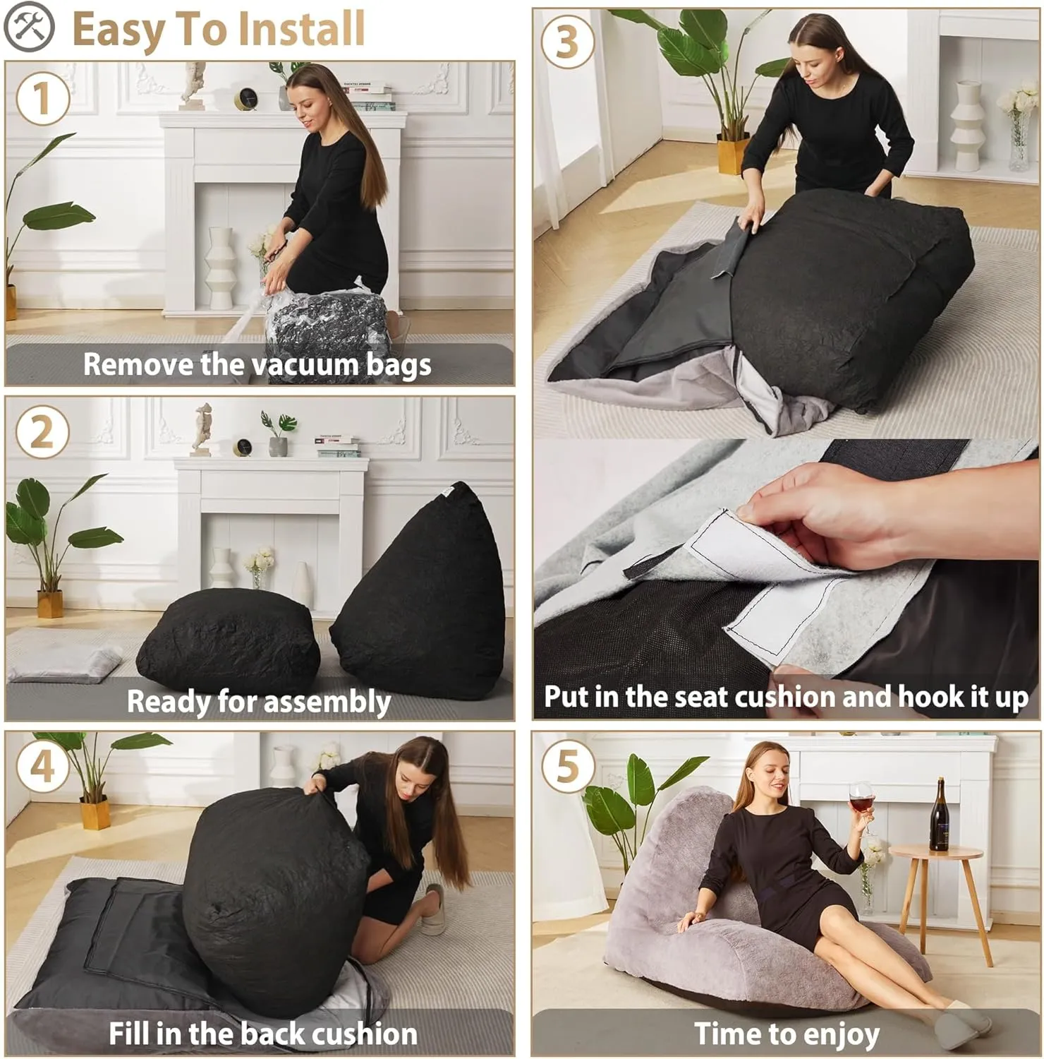 Homguava Bean Bag Chair Sofa Memory Foam Pre-Filled Bean Bag Chairs Stuffed Beanbag Sofa Lazy Bean Bag for Adults, Bean Bag Couch for Gaming, Reading & Relaxing(Linen, Black)