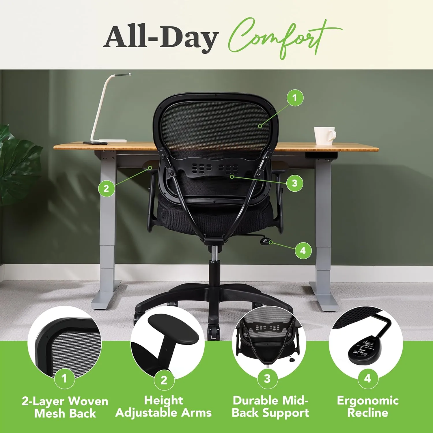HON Wave Mid-Back Office Desk Chair, Ergonomic Breathable Mesh, Adjustable Arms, Lumbar Support, Synchro-Tilt, Cushion, 360 Swivel Wheels