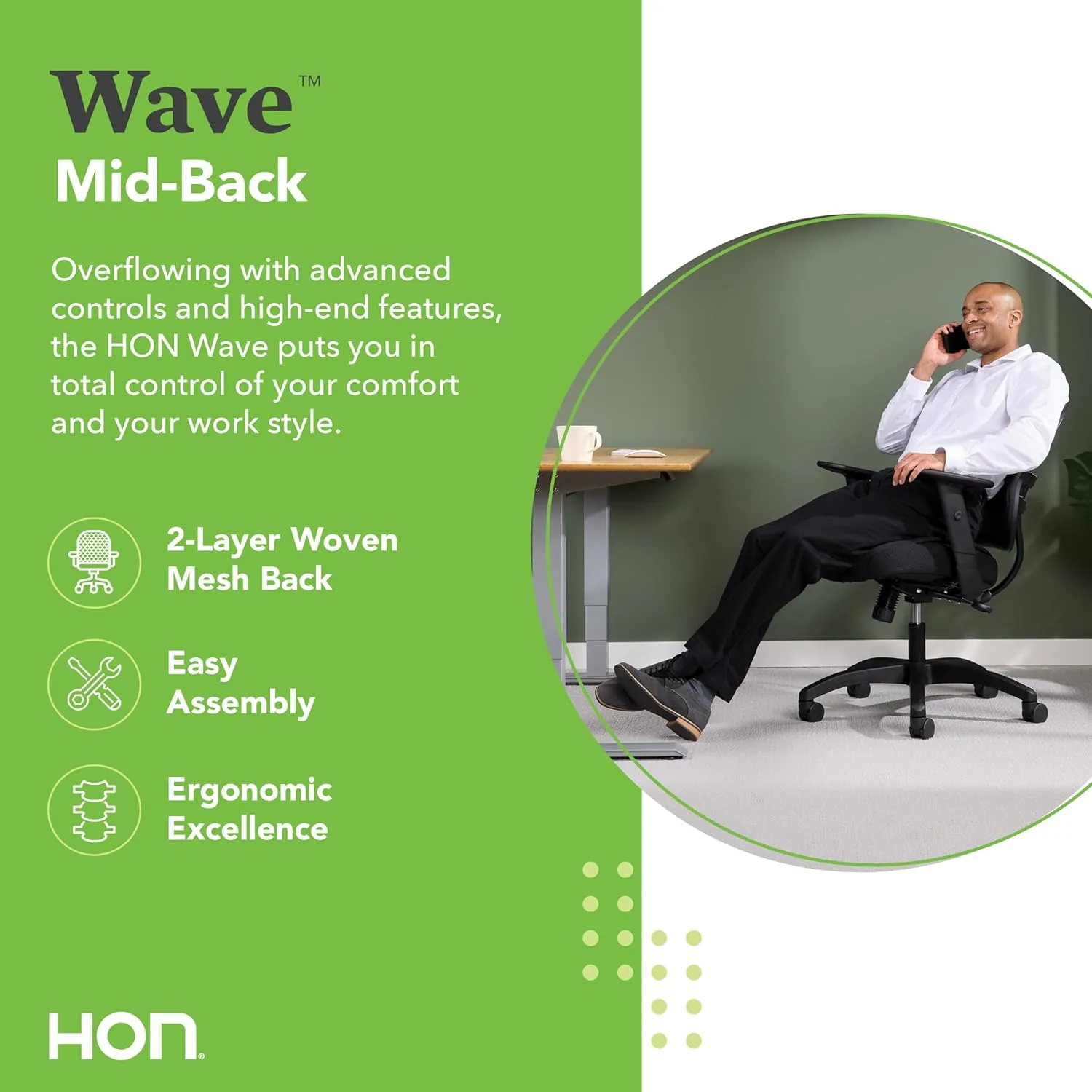 HON Wave Mid-Back Office Desk Chair, Ergonomic Breathable Mesh, Adjustable Arms, Lumbar Support, Synchro-Tilt, Cushion, 360 Swivel Wheels