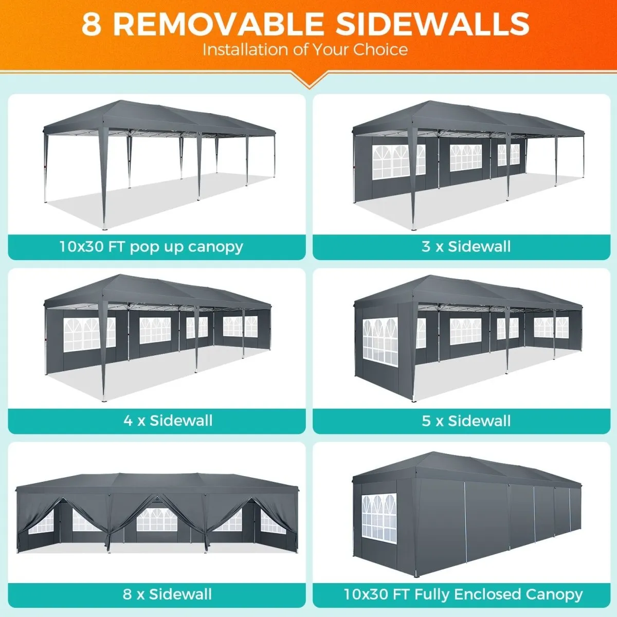 Hoteel 10x30Party Pop Up Canopy Tent, Removable Canopy Tent with 8 Side Walls, Waterproof Commercial Instant Shelter Tent for Weddings, Patio with Tote Bag and 4 Sandbags