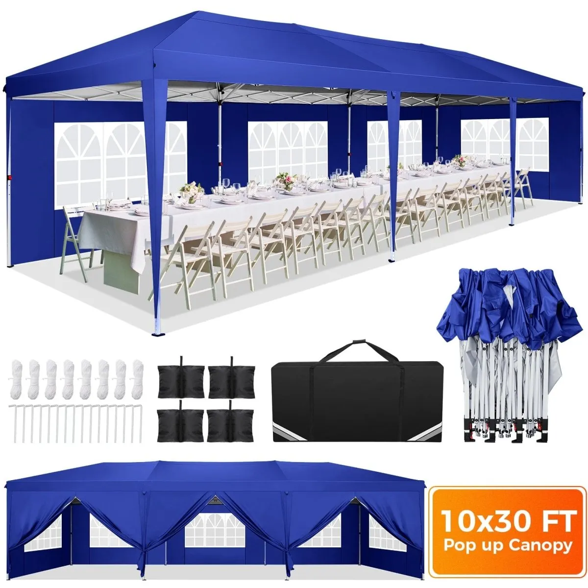 Hoteel 10x30Party Pop Up Canopy Tent, Removable Canopy Tent with 8 Side Walls, Waterproof Commercial Instant Shelter Tent for Weddings, Patio with Tote Bag and 4 Sandbags