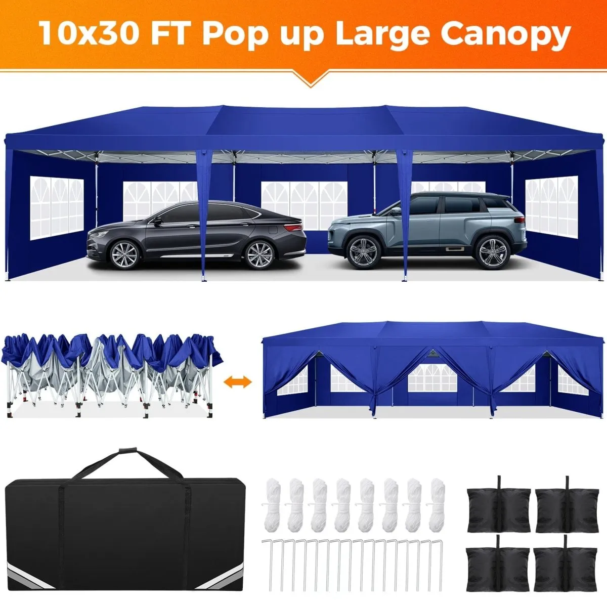 Hoteel 10x30Party Pop Up Canopy Tent, Removable Canopy Tent with 8 Side Walls, Waterproof Commercial Instant Shelter Tent for Weddings, Patio with Tote Bag and 4 Sandbags