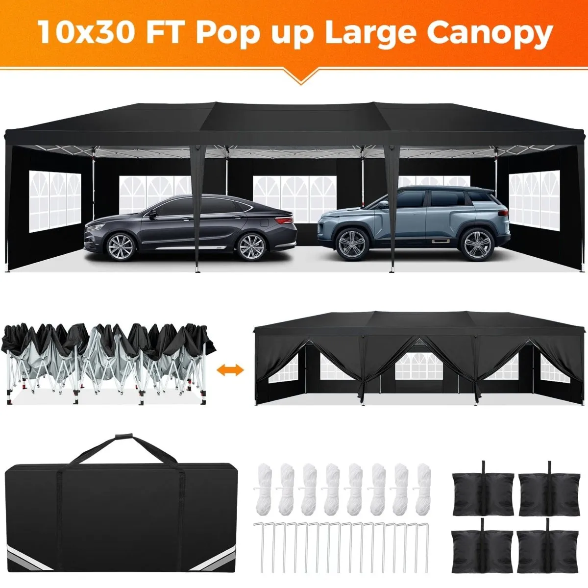 Hoteel 10x30Party Pop Up Canopy Tent, Removable Canopy Tent with 8 Side Walls, Waterproof Commercial Instant Shelter Tent for Weddings, Patio with Tote Bag and 4 Sandbags