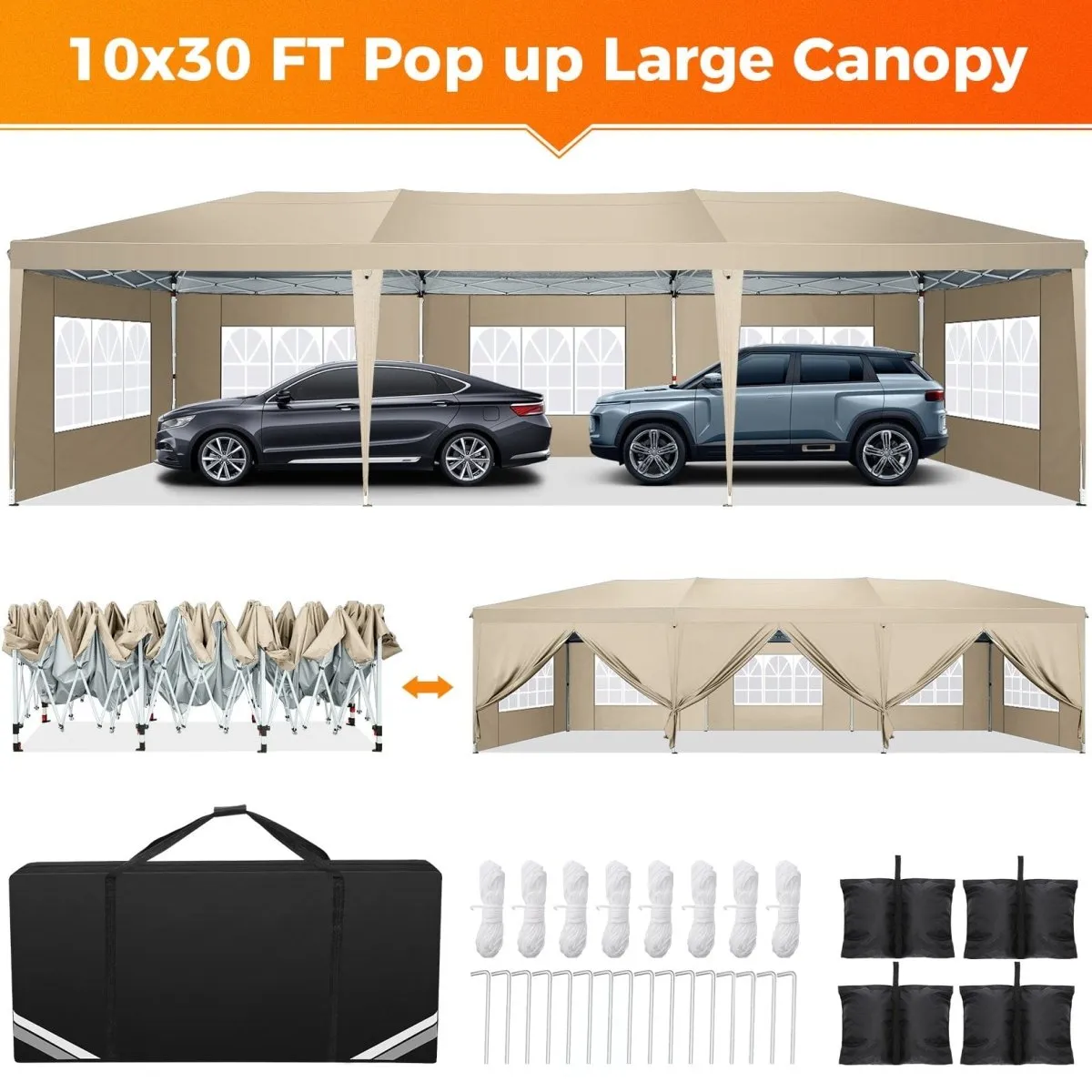 Hoteel 10x30Party Pop Up Canopy Tent, Removable Canopy Tent with 8 Side Walls, Waterproof Commercial Instant Shelter Tent for Weddings, Patio with Tote Bag and 4 Sandbags