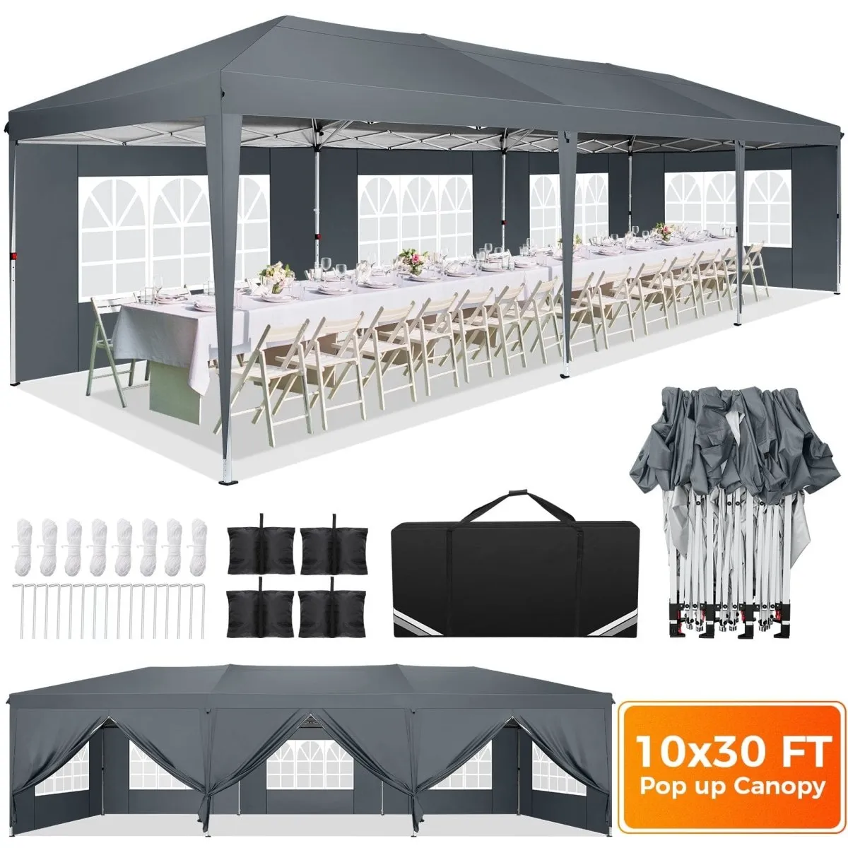 Hoteel 10x30Party Pop Up Canopy Tent, Removable Canopy Tent with 8 Side Walls, Waterproof Commercial Instant Shelter Tent for Weddings, Patio with Tote Bag and 4 Sandbags