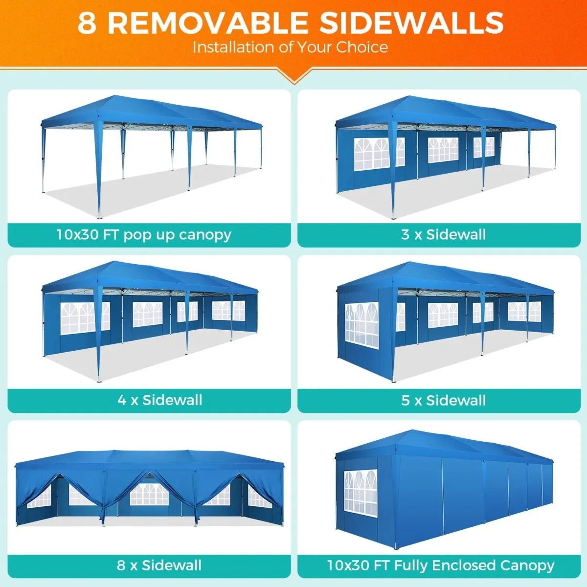 Hoteel 10x30Party Pop Up Canopy Tent, Removable Canopy Tent with 8 Side Walls, Waterproof Commercial Instant Shelter Tent for Weddings, Patio with Tote Bag and 4 Sandbags