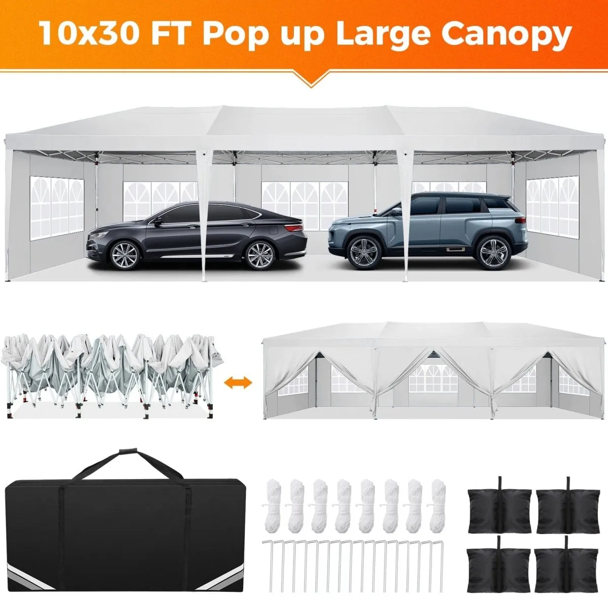 Hoteel 10x30Party Pop Up Canopy Tent, Removable Canopy Tent with 8 Side Walls, Waterproof Commercial Instant Shelter Tent for Weddings, Patio with Tote Bag and 4 Sandbags