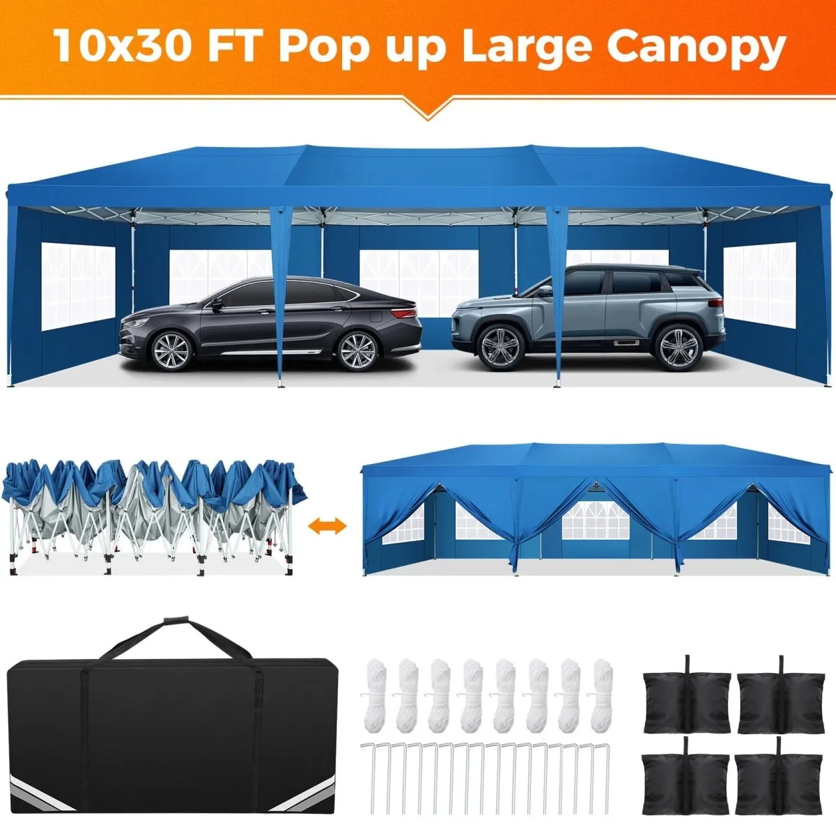 Hoteel 10x30Party Pop Up Canopy Tent, Removable Canopy Tent with 8 Side Walls, Waterproof Commercial Instant Shelter Tent for Weddings, Patio with Tote Bag and 4 Sandbags
