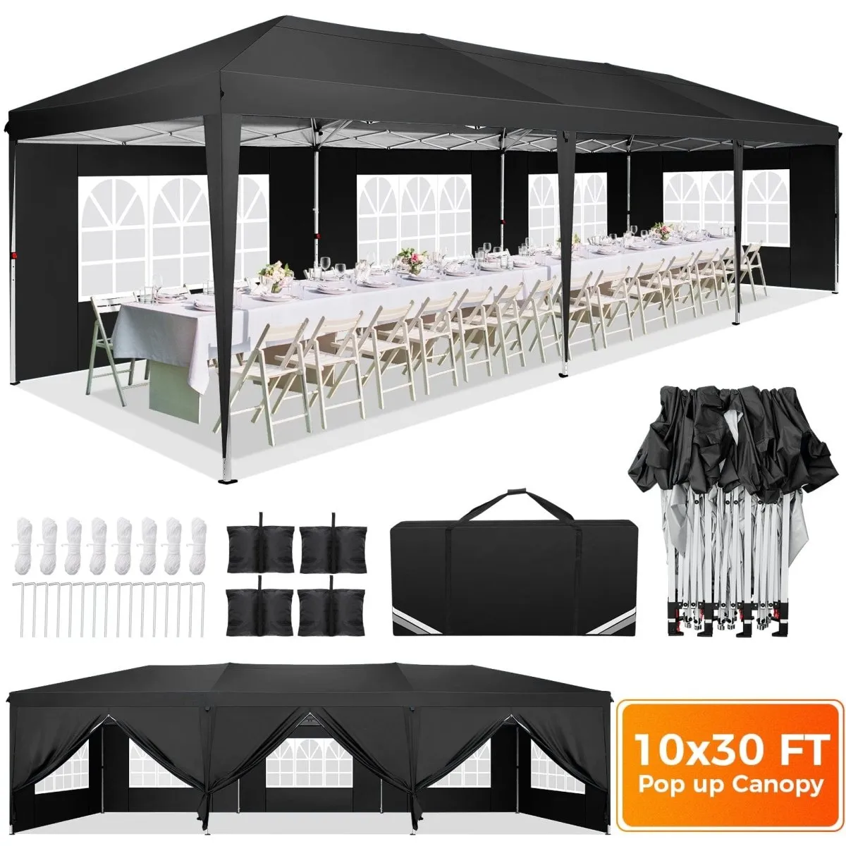 Hoteel 10x30Party Pop Up Canopy Tent, Removable Canopy Tent with 8 Side Walls, Waterproof Commercial Instant Shelter Tent for Weddings, Patio with Tote Bag and 4 Sandbags