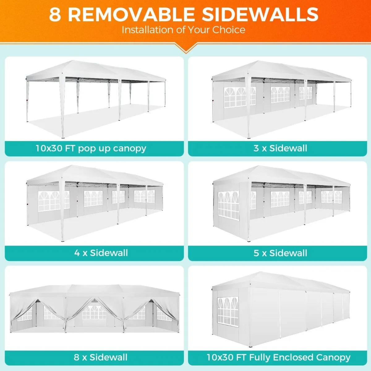 Hoteel 10x30Party Pop Up Canopy Tent, Removable Canopy Tent with 8 Side Walls, Waterproof Commercial Instant Shelter Tent for Weddings, Patio with Tote Bag and 4 Sandbags