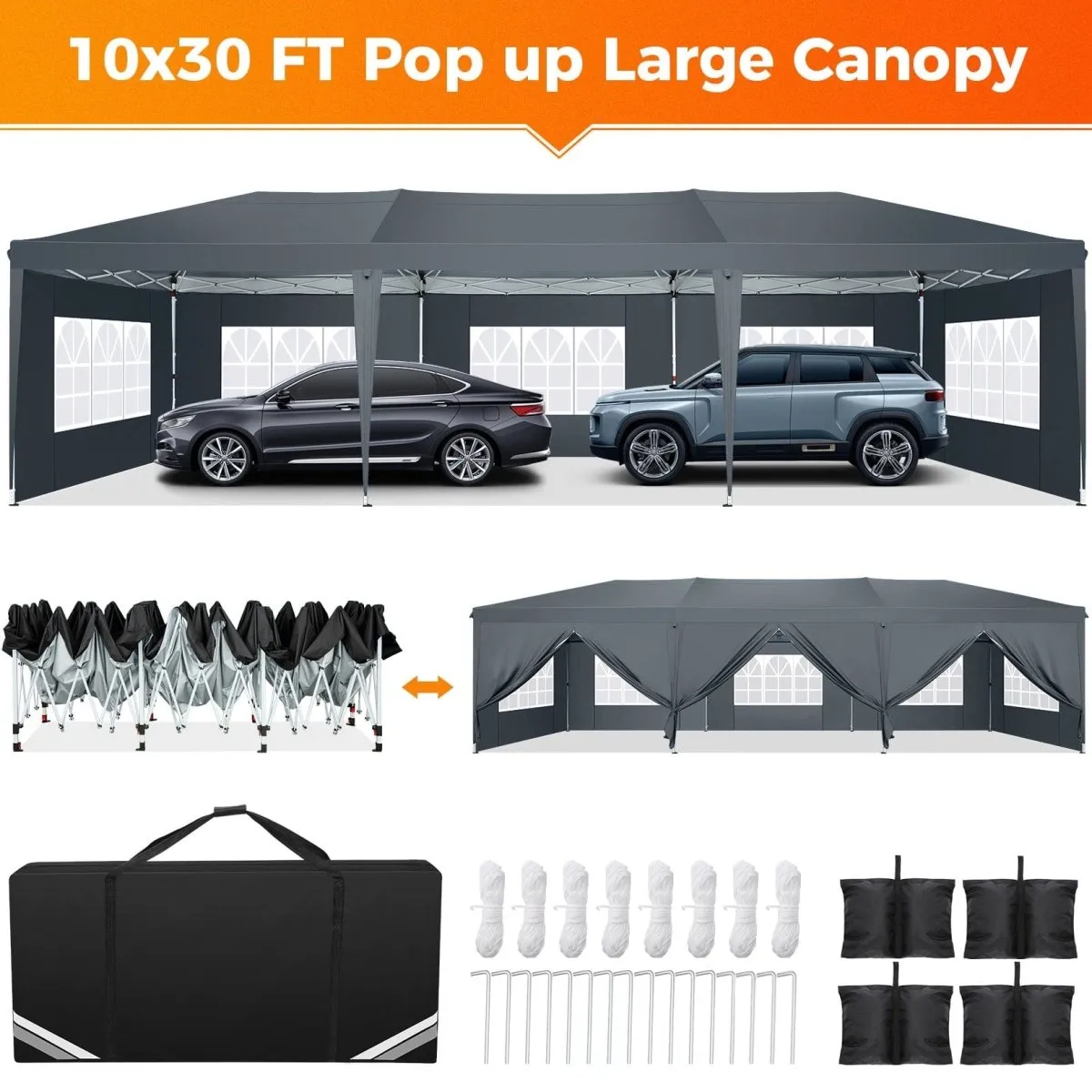 Hoteel 10x30Party Pop Up Canopy Tent, Removable Canopy Tent with 8 Side Walls, Waterproof Commercial Instant Shelter Tent for Weddings, Patio with Tote Bag and 4 Sandbags