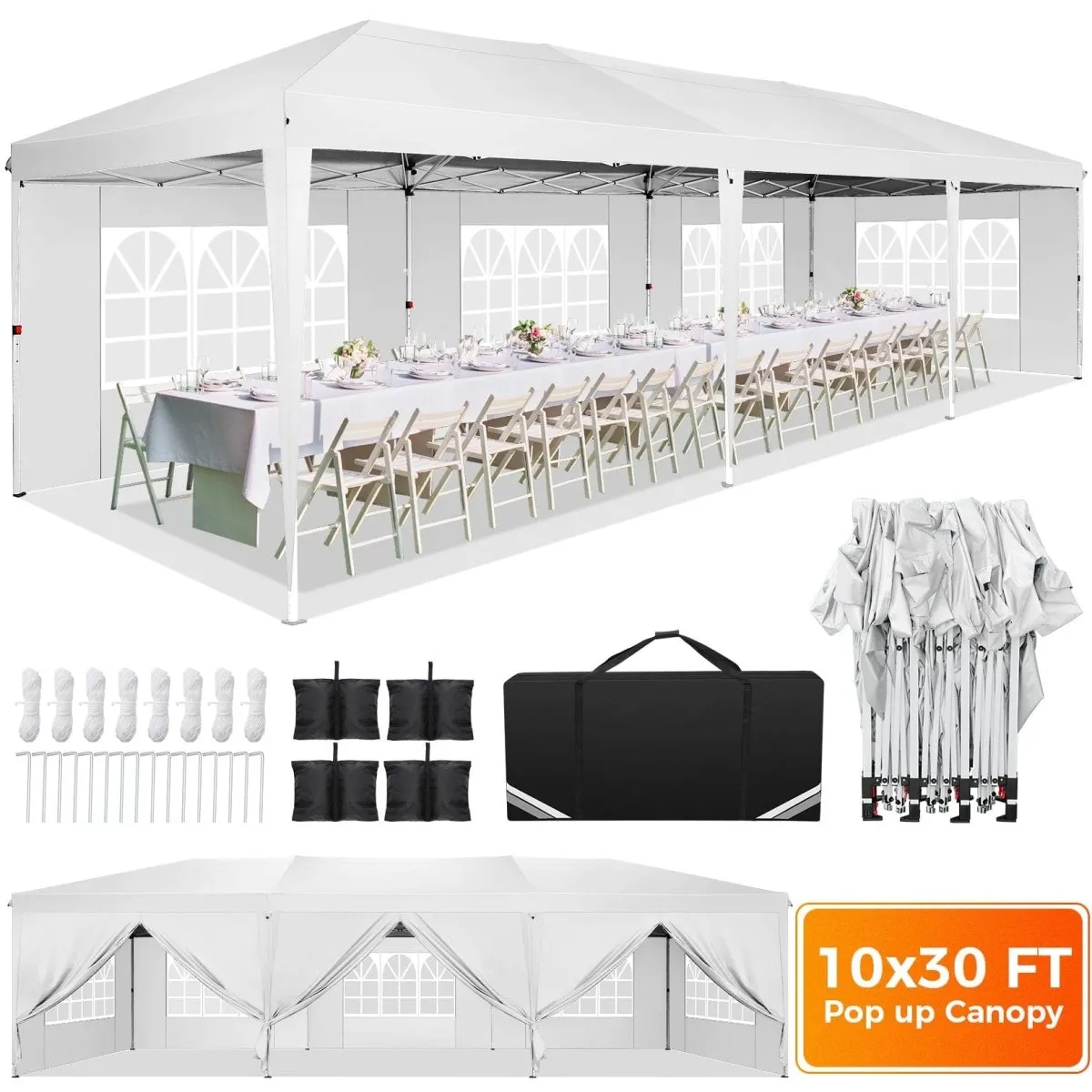 Hoteel 10x30Party Pop Up Canopy Tent, Removable Canopy Tent with 8 Side Walls, Waterproof Commercial Instant Shelter Tent for Weddings, Patio with Tote Bag and 4 Sandbags