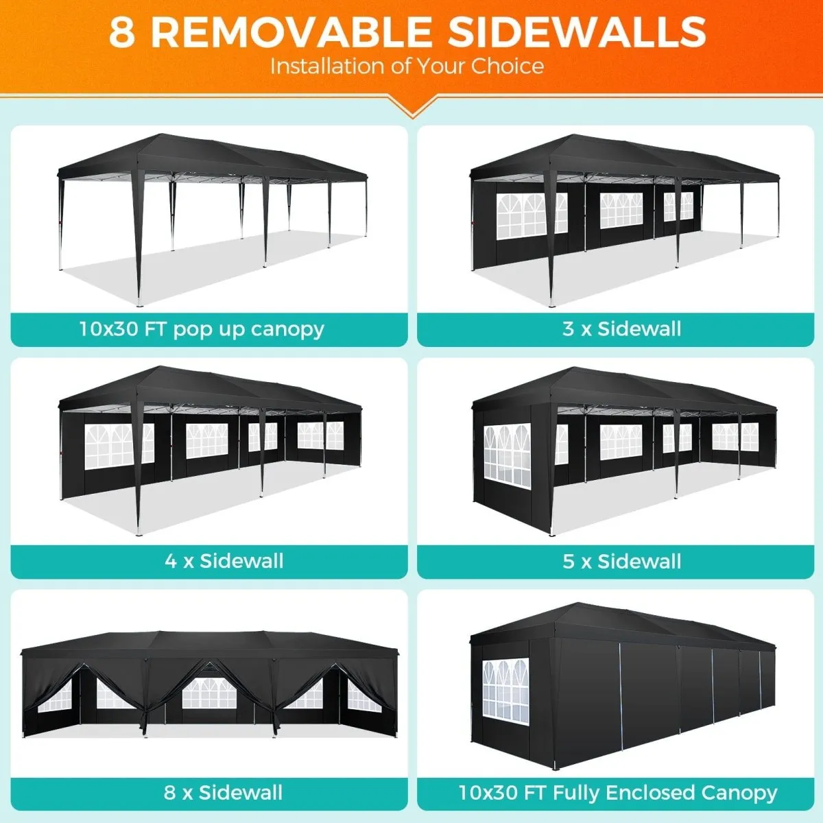 Hoteel 10x30Party Pop Up Canopy Tent, Removable Canopy Tent with 8 Side Walls, Waterproof Commercial Instant Shelter Tent for Weddings, Patio with Tote Bag and 4 Sandbags