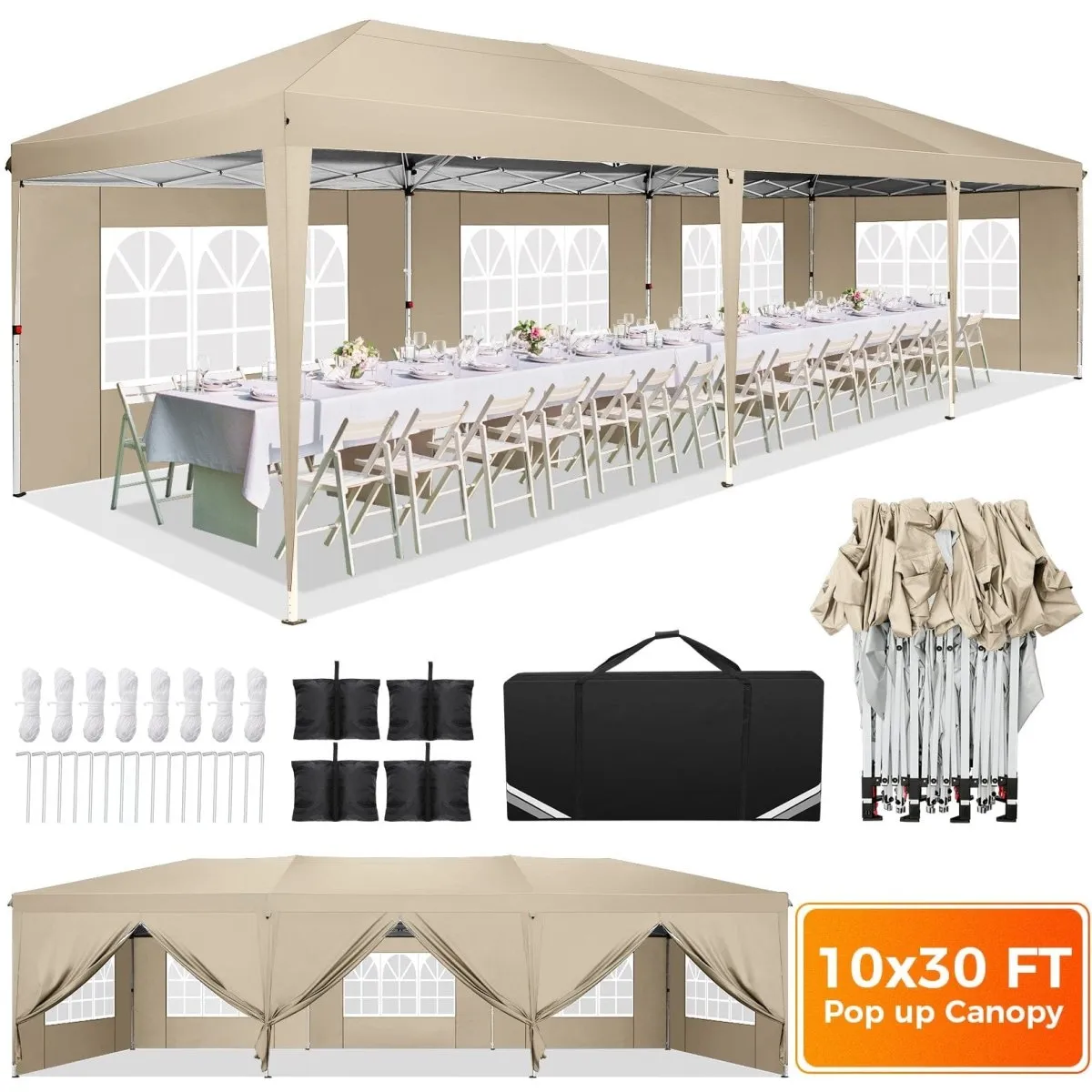 Hoteel 10x30Party Pop Up Canopy Tent, Removable Canopy Tent with 8 Side Walls, Waterproof Commercial Instant Shelter Tent for Weddings, Patio with Tote Bag and 4 Sandbags